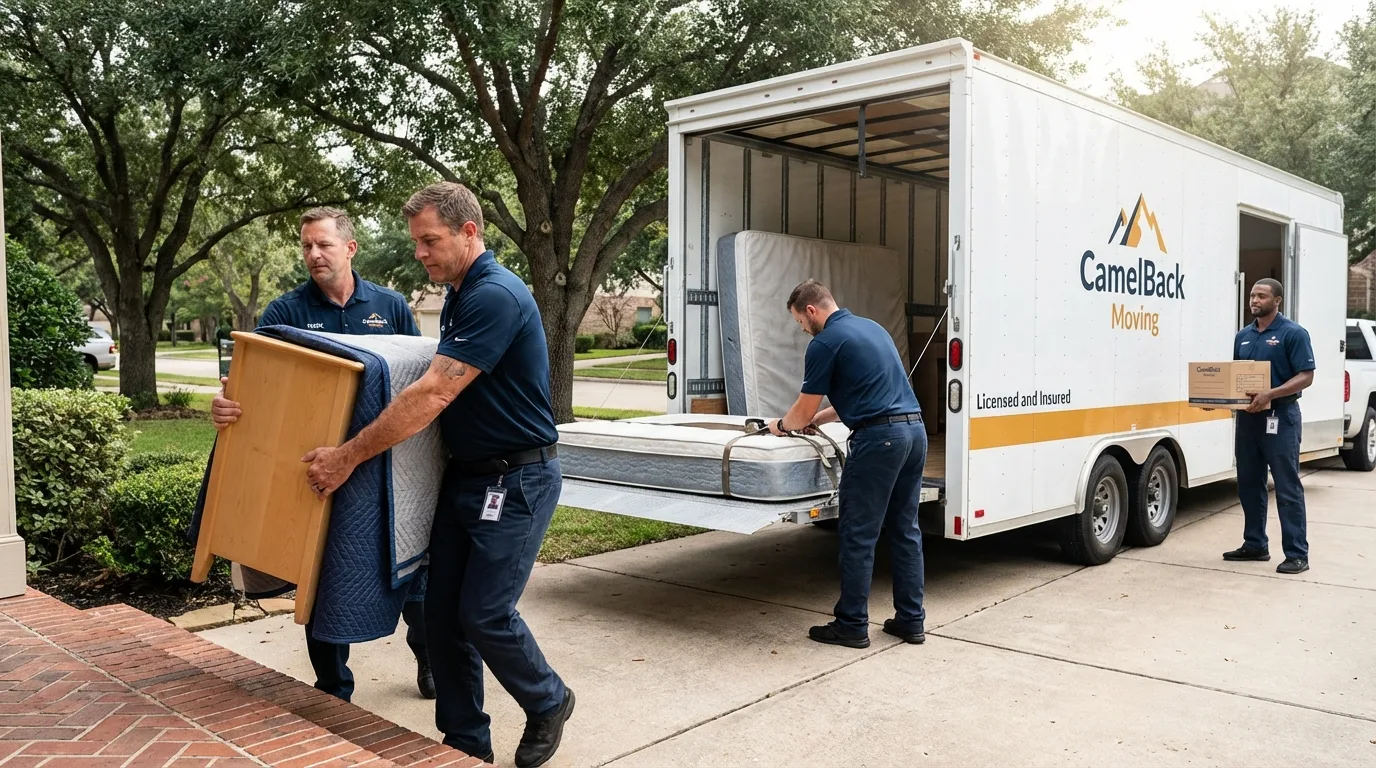 Crew loading residential truck for cross-state move from Athens, TX