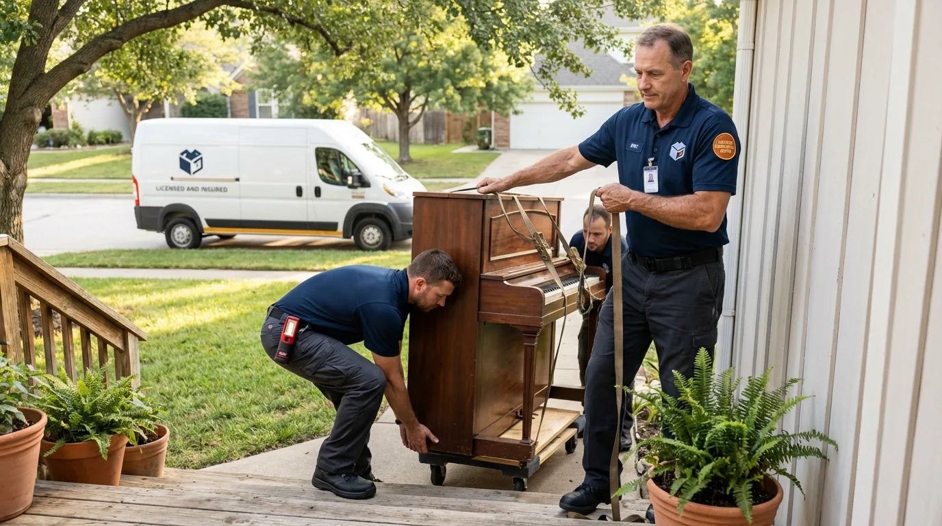 Licensed piano movers securing grand piano in Athens, TX
