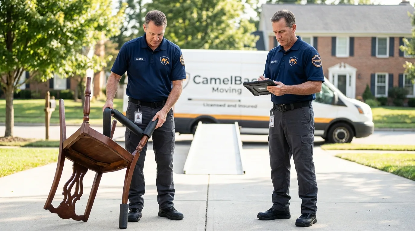 Movers inspecting furniture for damage prevention before loading in Athens, TX